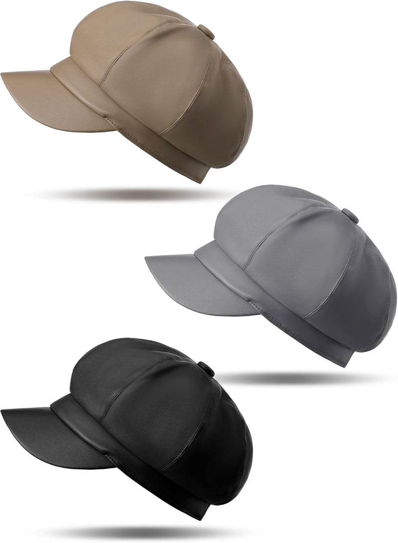 Funtery 3 Pcs Women Newsboy Hats PU Leather Visor Beret Cabbie Hat 8 Panel Vintage Women Fiddler Cap Faux Leather Baker Hat - Image 1